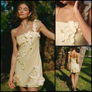 Hutch  Butter Yellow 3D Floral Appliqué Linen Blend Mini Coquette Party Dress M